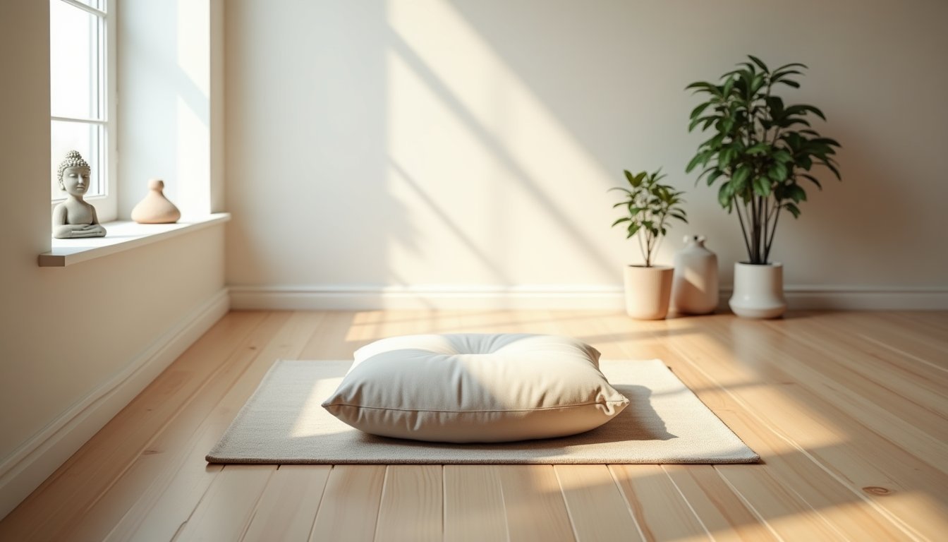 Espaço minimalista para meditação em casa com almofada sobre piso de madeira e luz natural suave