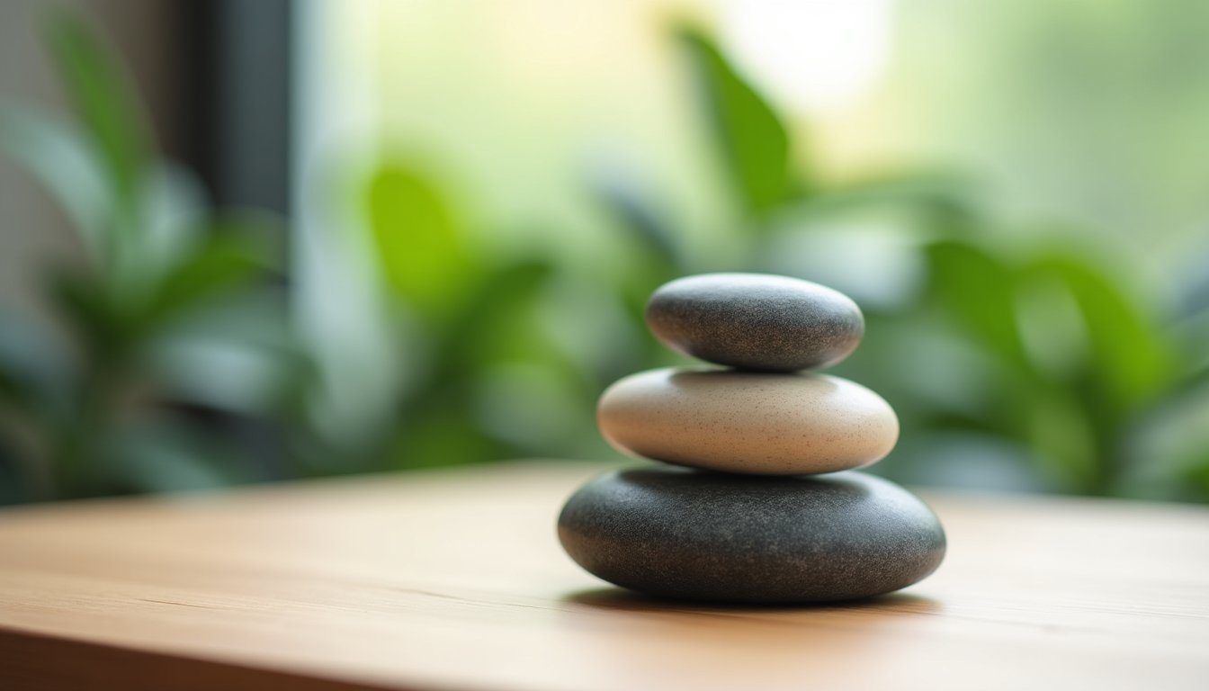 Duas pedras contrastantes equilibradas uma sobre a outra, representando as diferenças entre mindfulness e meditação tradicional