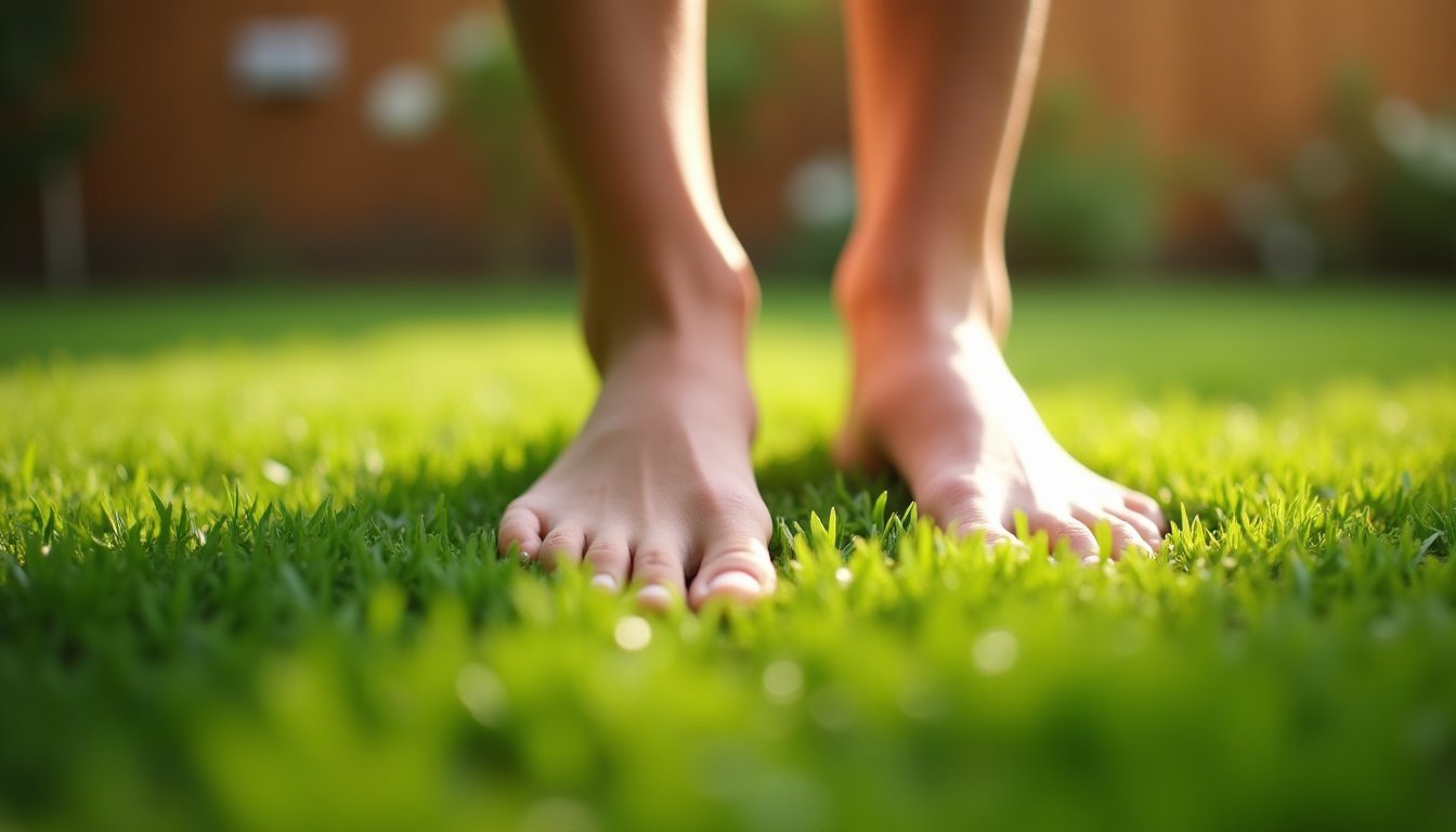 Pés descalços sobre grama verde com orvalho, simbolizando conexão com o presente e aterramento durante prática de mindfulness