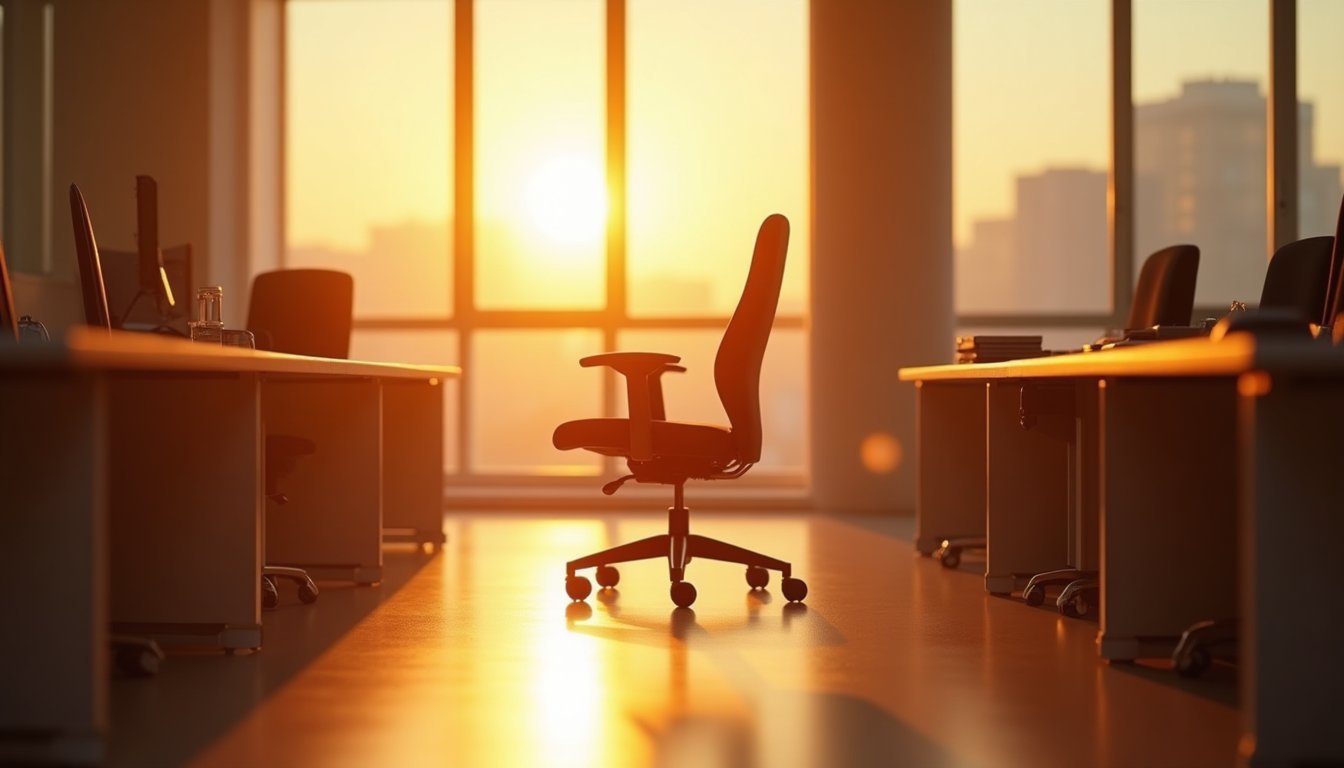 Escritório corporativo vazio iluminado por luz dourada de fim de tarde criando atmosfera tranquila e reflexiva