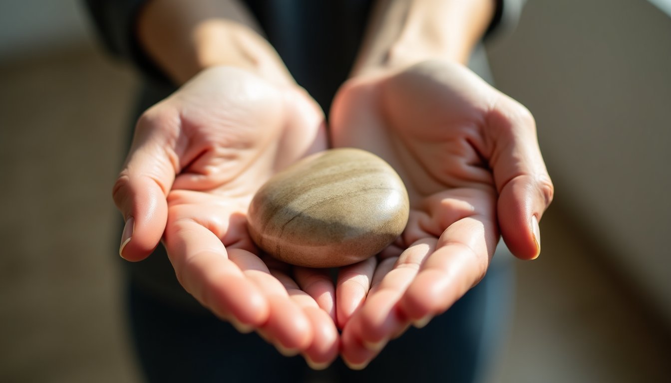 Mãos segurando delicadamente uma pedra lisa representando a prática de mindfulness para ansiedade através de objetos táteis