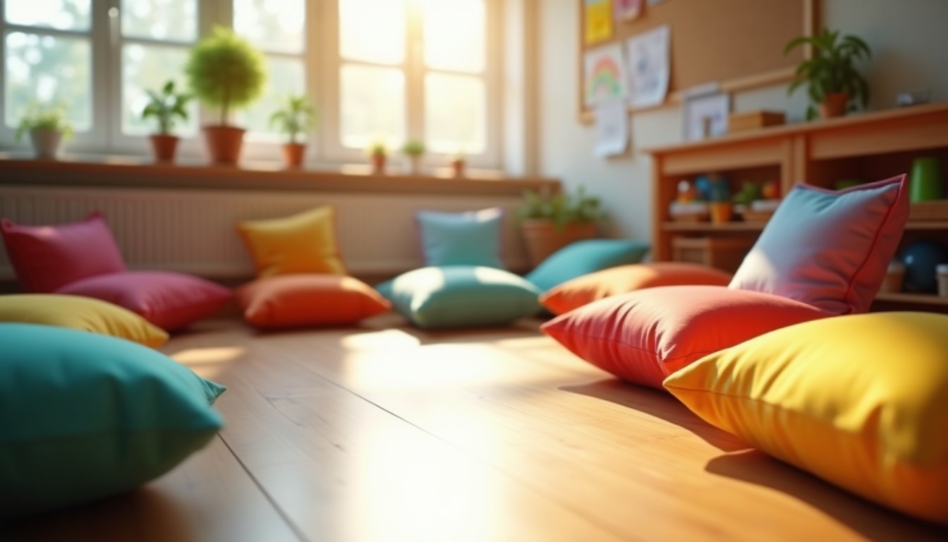 Cantinho de mindfulness em sala de aula com almofadas coloridas dispostas em semicírculo sobre piso de madeira e luz natural