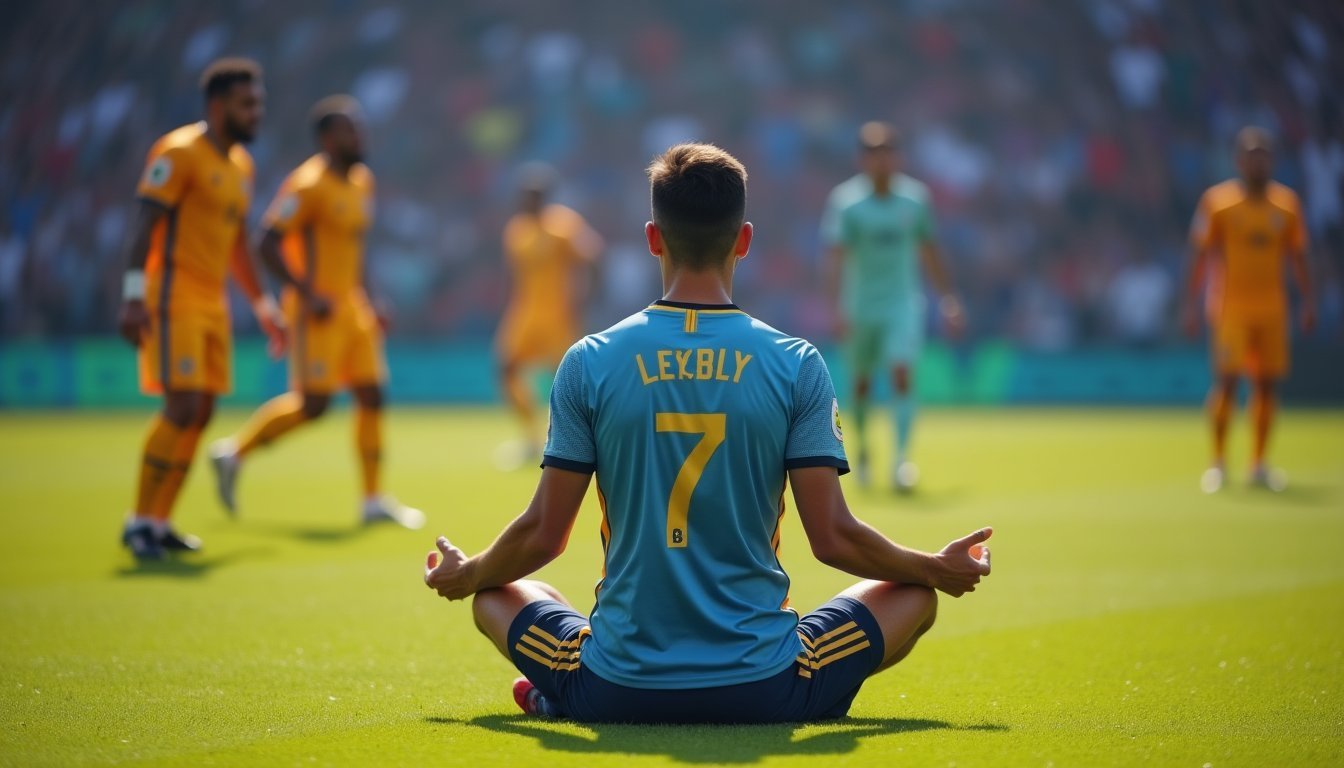 Jogador de futebol meditando em posição de lótus no centro do campo enquanto outros jogadores disputam a partida ao redor com expressões tensas