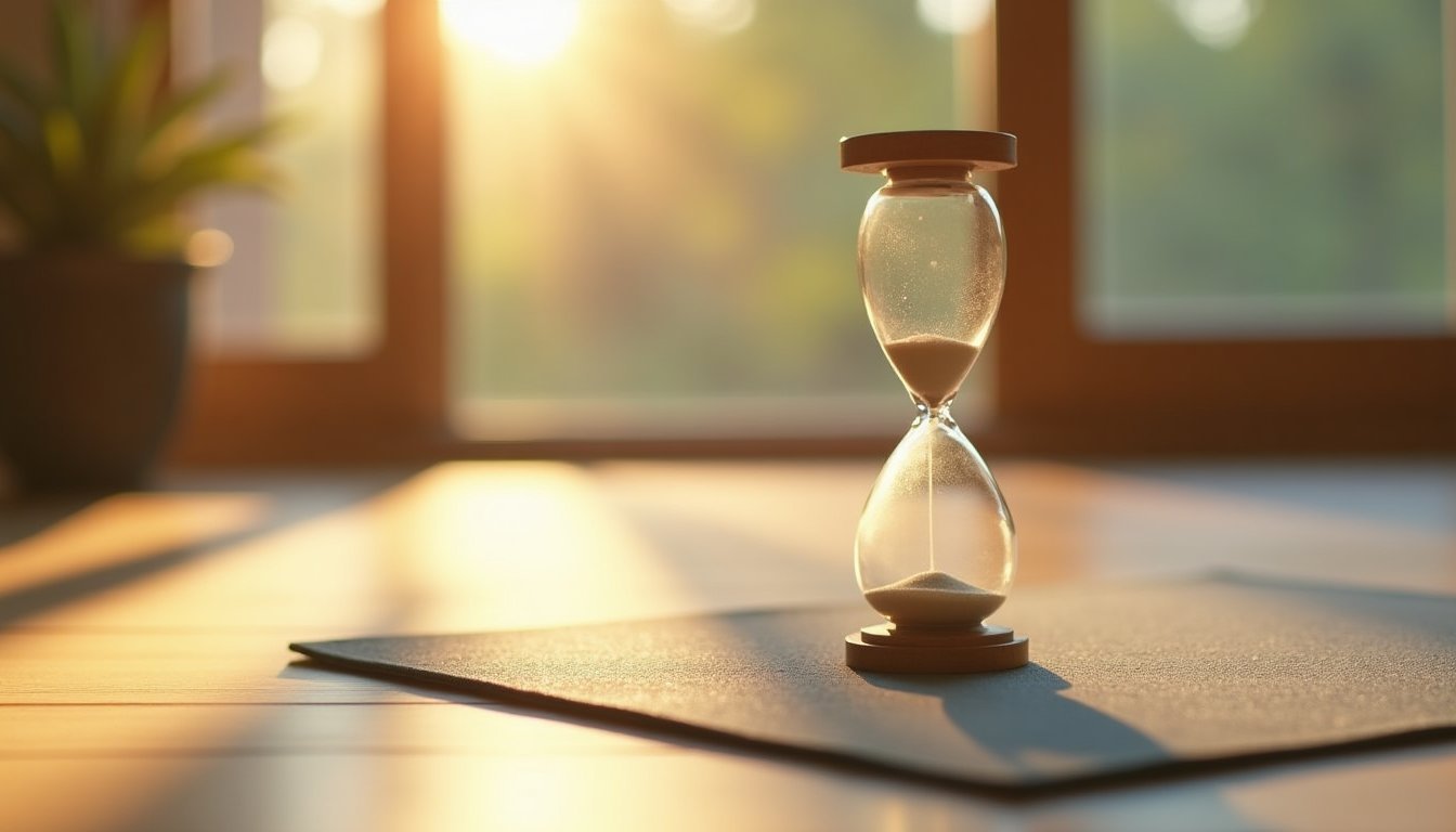 Temporizador analógico sobre tapete de meditação com luz natural suave, representando a gestão do tempo na prática de mindfulness