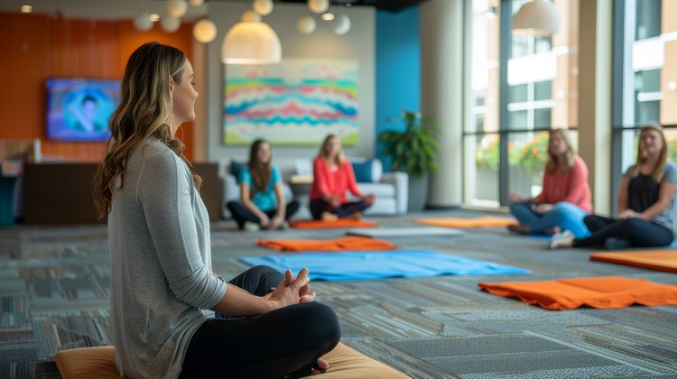 Instrutora conduzindo prática de mindfulness em grupo