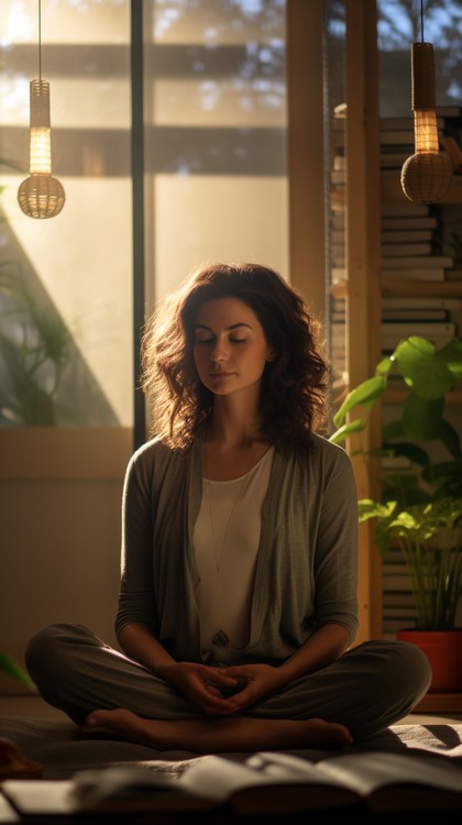 Mulher meditando em um ambiente iluminado pela luz natural
